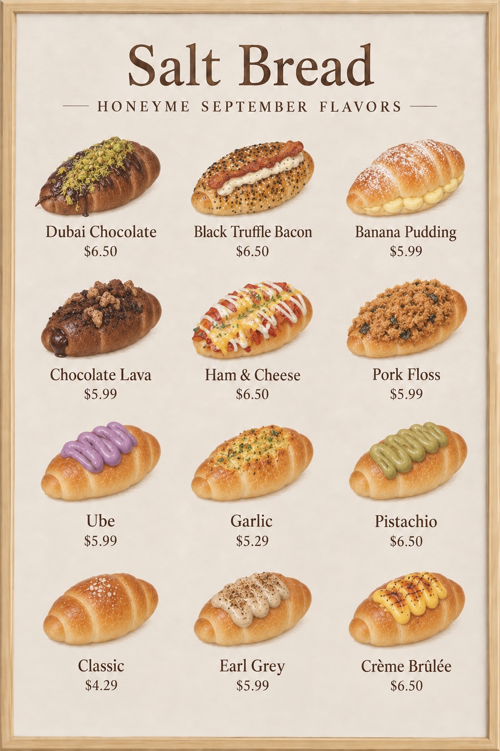 September Salt Bread flavor menu: Dubai Chocolate $6.50, Black Truffle Bacon $6.50, Banana Pudding $5.99, Chocolate Lava $5.99, Ham & Cheese $6.50, Pork Floss $5.99, Ube $5.99, Garlic $5.29, Pistachio $6.50, Classic $4.29, Earl Grey $5.99, Crème Brûlée $6.50